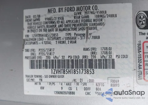 2008 Ford Mustang Gt Deluxe/Gt Premium из США, поврежденный, VIN 1ZVHT85H185173853